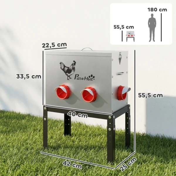 Voerautomaat Kippen 18 Kg Vulcapaciteit Met Afsluitbare Deksel Verstelbare Poten 6 Openingen 42x25x55,5 Cm Zilver