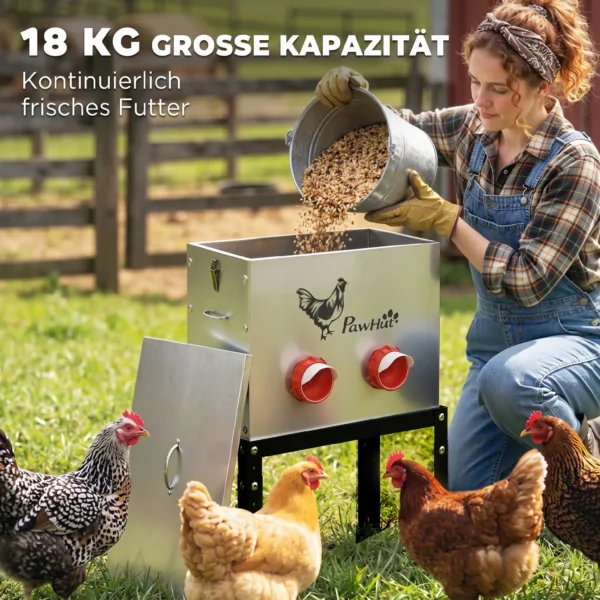 Voerautomaat Kippen 18 Kg Vulcapaciteit Met Afsluitbare Deksel Verstelbare Poten 6 Openingen 42x25x55,5 Cm Zilver