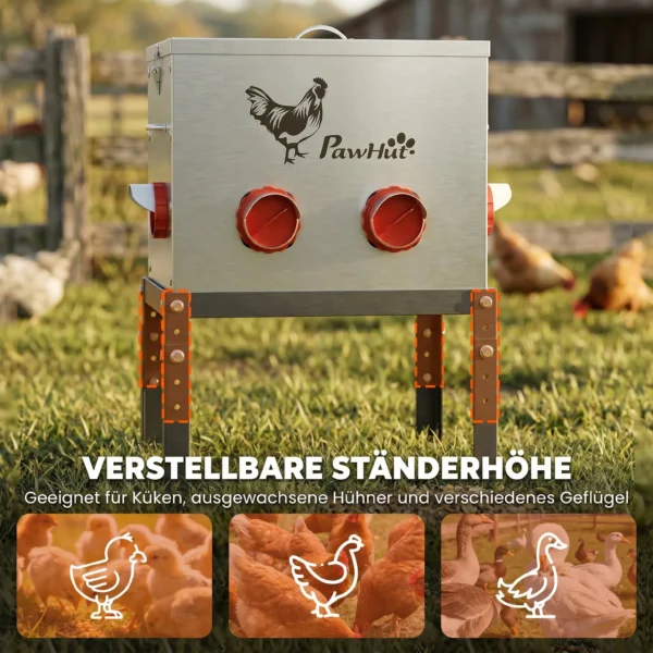 Voerautomaat Kippen 18 Kg Vulcapaciteit Met Afsluitbare Deksel Verstelbare Poten 6 Openingen 42x25x55,5 Cm Zilver
