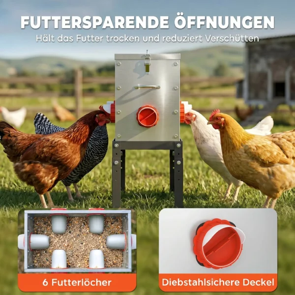 Voerautomaat Kippen 18 Kg Vulcapaciteit Met Afsluitbare Deksel Verstelbare Poten 6 Openingen 42x25x55,5 Cm Zilver