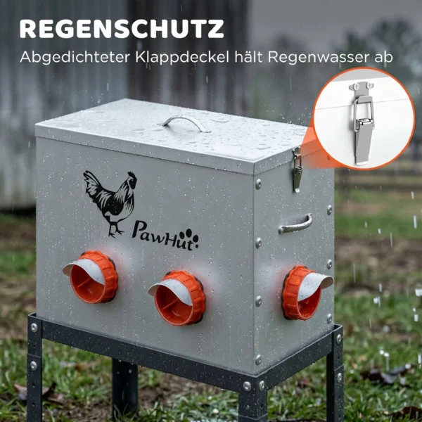 Voerautomaat Kippen 18 Kg Vulcapaciteit Met Afsluitbare Deksel Verstelbare Poten 6 Openingen 42x25x55,5 Cm Zilver