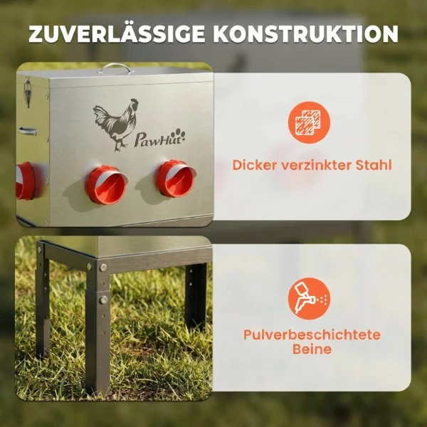 Voerautomaat Kippen 18 Kg Vulcapaciteit Met Afsluitbare Deksel Verstelbare Poten 6 Openingen 42x25x55,5 Cm Zilver