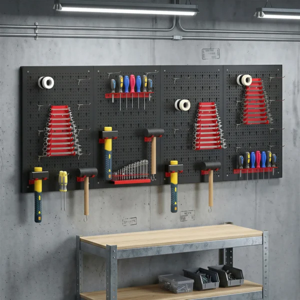 Wandrek Opslagsysteem 60 X 40 Cm, 38 Stks. Opbergrek Met Haken Planken Zichtbare Opslagbakken, Zwart+Rood