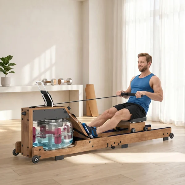 Water Roeiapparaat Voor Thuis Van Rubberhout, Inklapbaar Met Bluetooth APP, Dubbele Aluminium Rails, LCD display Tot 158 Kg