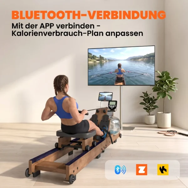 Water Roeiapparaat Voor Thuis Van Rubberhout, Inklapbaar Met Bluetooth APP, Dubbele Aluminium Rails, LCD display Tot 158 Kg