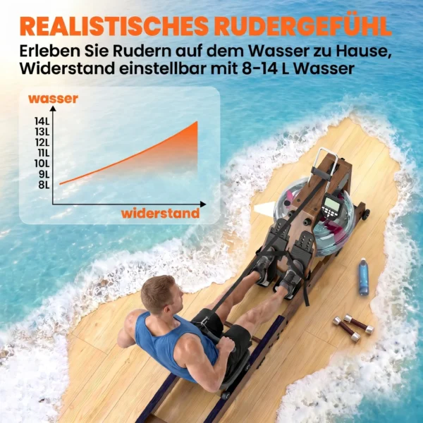 Water Roeiapparaat Voor Thuis Van Rubberhout, Inklapbaar Met Bluetooth APP, Dubbele Aluminium Rails, LCD display Tot 158 Kg