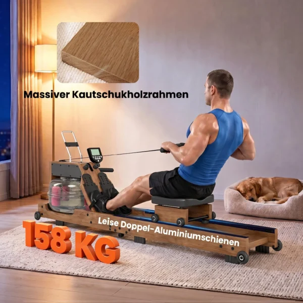 Water Roeiapparaat Voor Thuis Van Rubberhout, Inklapbaar Met Bluetooth APP, Dubbele Aluminium Rails, LCD display Tot 158 Kg