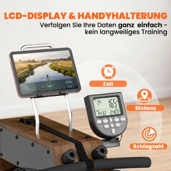 Water Roeiapparaat Voor Thuis Van Rubberhout, Inklapbaar Met Bluetooth APP, Dubbele Aluminium Rails, LCD display Tot 158 Kg
