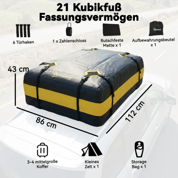 Waterdichte Daktas Auto 425L Voor Voertuigdaken Met/zonder Bagagedrager, Bagagebox Met 8 Versterkte Riemen Deurhaken Geel