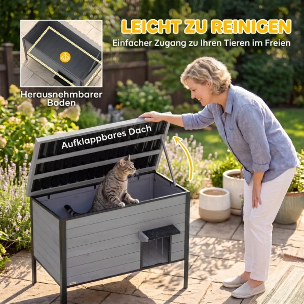 Weerbestendig Kattenhuis Met Opklapbaar Dak, Uitneembare Vloer, Ingang Voor 1 2 Katten Tot 12 Kg, 85x55x70 Cm, Lichtgrijs