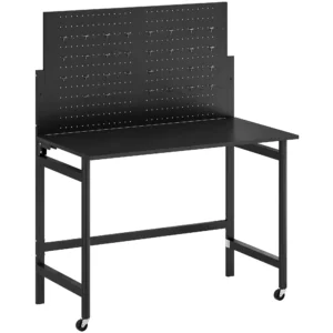 Werkbank Met Gatenbord, Opvouwbare Mobiele Werkbank Met Wielen, Dikke Werkblad, Stalen Frame, Haken, Zwart