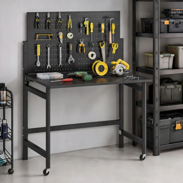 Werkbank Met Gatenbord, Opvouwbare Mobiele Werkbank Met Wielen, Dikke Werkblad, Stalen Frame, Haken, Zwart