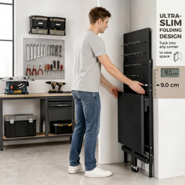 Werkbank Met Gatenbord, Opvouwbare Mobiele Werkbank Met Wielen, Dikke Werkblad, Stalen Frame, Haken, Zwart