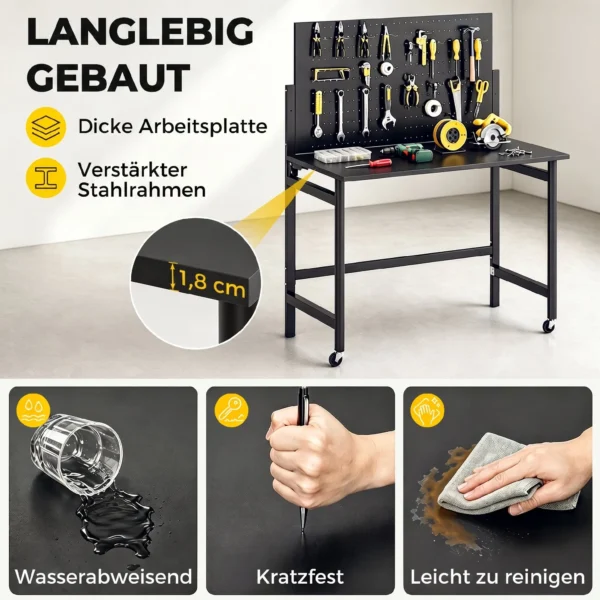 Werkbank Met Gatenbord, Opvouwbare Mobiele Werkbank Met Wielen, Dikke Werkblad, Stalen Frame, Haken, Zwart