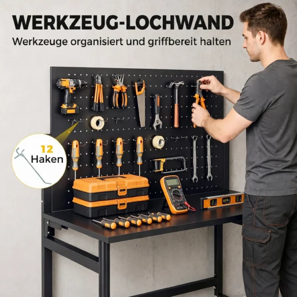 Werkbank Met Gatenbord, Opvouwbare Mobiele Werkbank Met Wielen, Dikke Werkblad, Stalen Frame, Haken, Zwart