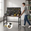 Werkbank Met Gatenbord, Opvouwbare Mobiele Werkbank Met Wielen, Dikke Werkblad, Stalen Frame, Haken, Zwart