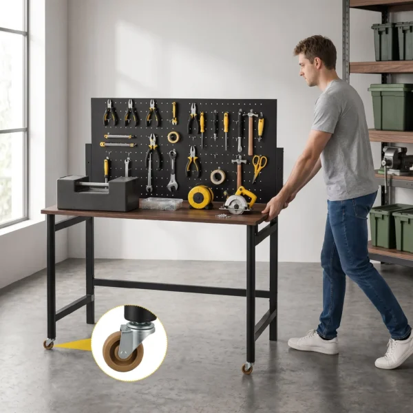 Werkbank Met Gatenbord, Opvouwbare Mobiele Werkbank Met Wielen, Dikke Werkblad, Stalen Frame, Haken, Zwart