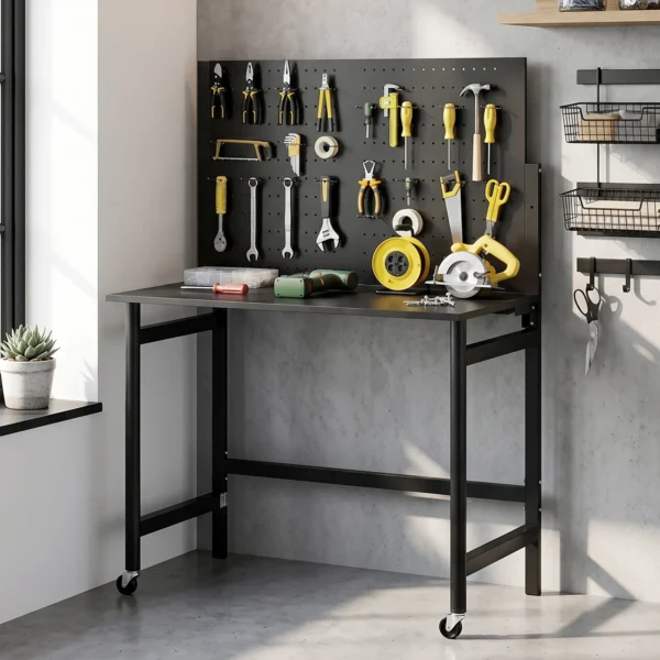Werkbank Met Gatenbord, Opvouwbare Mobiele Werkbank Met Wielen, Dikke Werkblad, Stalen Frame, Haken, Zwart