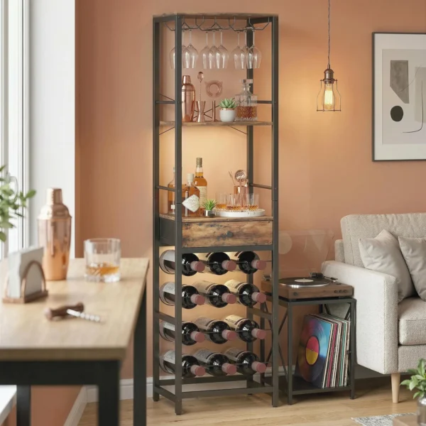 Wijnbar kast Met Lade, Industriële Barschrank, Wijnrek Voor 12 Flessen, Glashouder, Rustiek Bruin