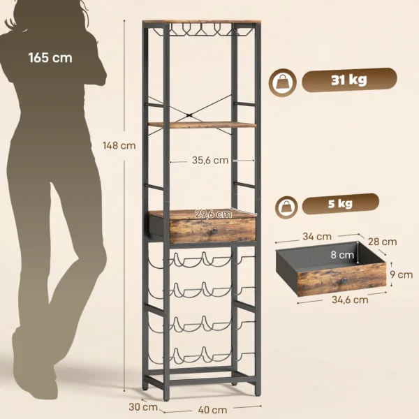 Wijnbar kast Met Lade, Industriële Barschrank, Wijnrek Voor 12 Flessen, Glashouder, Rustiek Bruin