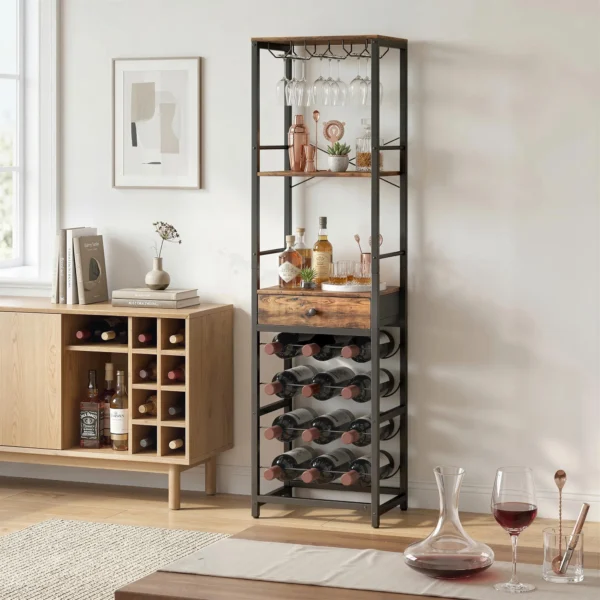 Wijnbar kast Met Lade, Industriële Barschrank, Wijnrek Voor 12 Flessen, Glashouder, Rustiek Bruin