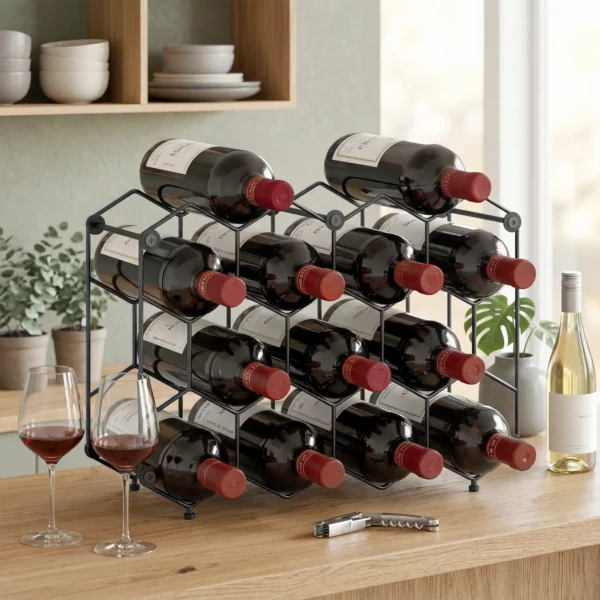 Wijnrek Voor 13 Flessen, Flessenrek Met Honingraatontwerp, Verstelbare Voeten, Kantelbeveiliging, Metaal, 43 X 15,5 X 31 Cm, Zwart