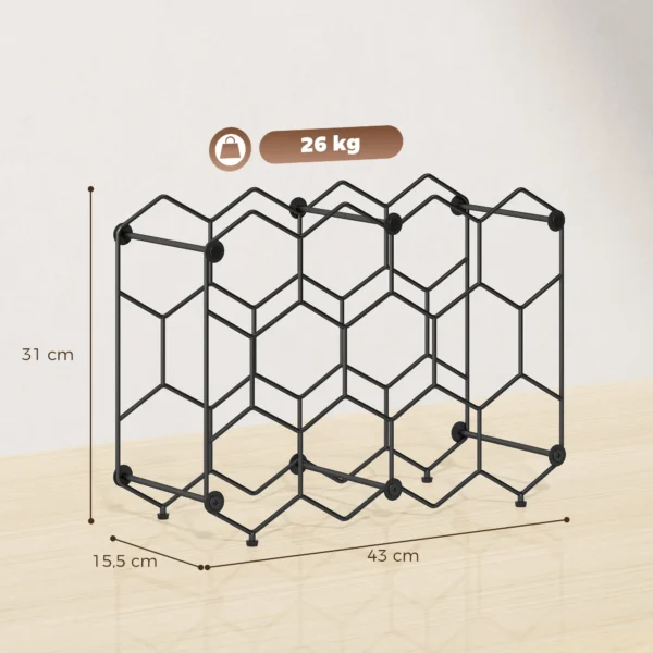 Wijnrek Voor 13 Flessen, Flessenrek Met Honingraatontwerp, Verstelbare Voeten, Kantelbeveiliging, Metaal, 43 X 15,5 X 31 Cm, Zwart