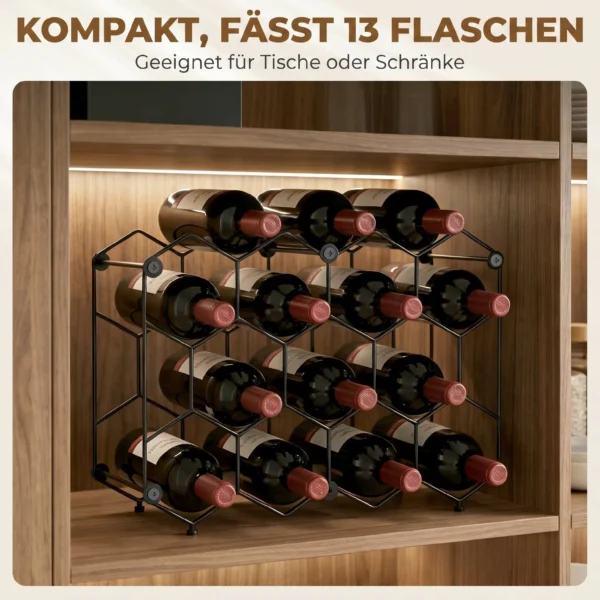 Wijnrek Voor 13 Flessen, Flessenrek Met Honingraatontwerp, Verstelbare Voeten, Kantelbeveiliging, Metaal, 43 X 15,5 X 31 Cm, Zwart