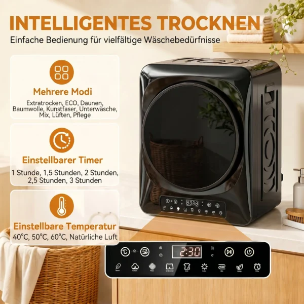 1000 W Compacte Afvoerdroger Met Extra Droog & ECO Modi, Timer En Temperatuurinstellingen, Zwart