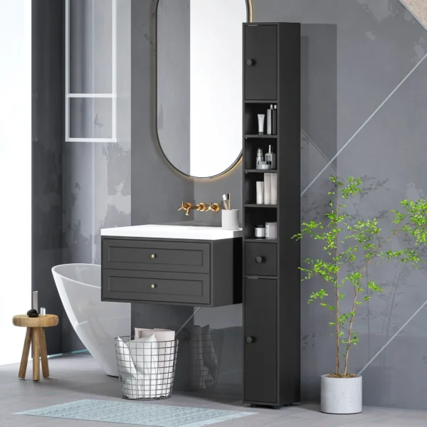 180 Cm Smalle Badkamerkast, Toiletpapierrek Met Open Vakken, 2 Kasten, Zwart