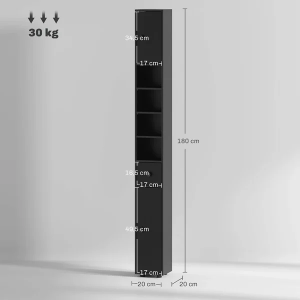 180 Cm Smalle Badkamerkast, Toiletpapierrek Met Open Vakken, 2 Kasten, Zwart