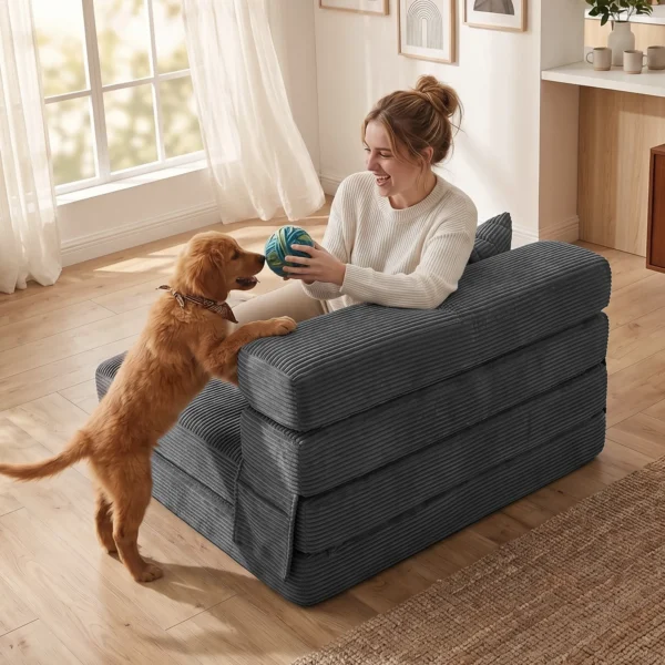 2 in 1 Botloze Wolk Vloerstoel, Opvouwbare Slaapfauteuil Met Koord Optiek & Lendenkussen, Donkergrijs