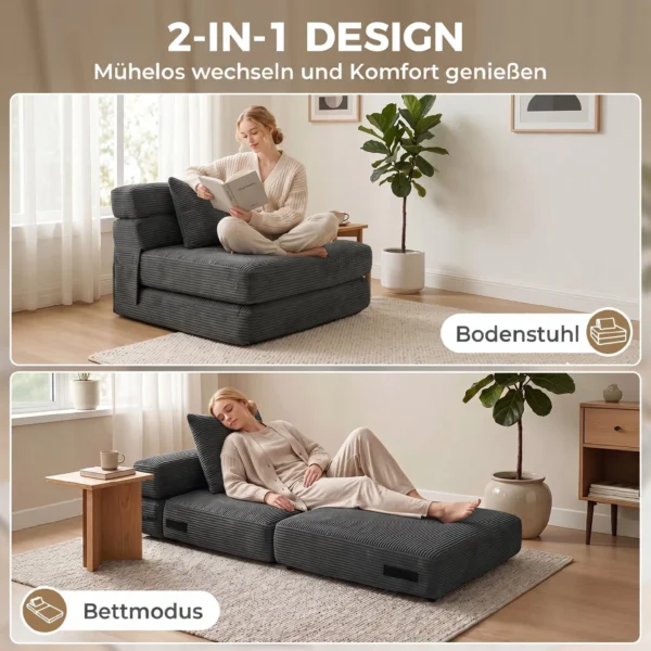 2 in 1 Botloze Wolk Vloerstoel, Opvouwbare Slaapfauteuil Met Koord Optiek & Lendenkussen, Donkergrijs