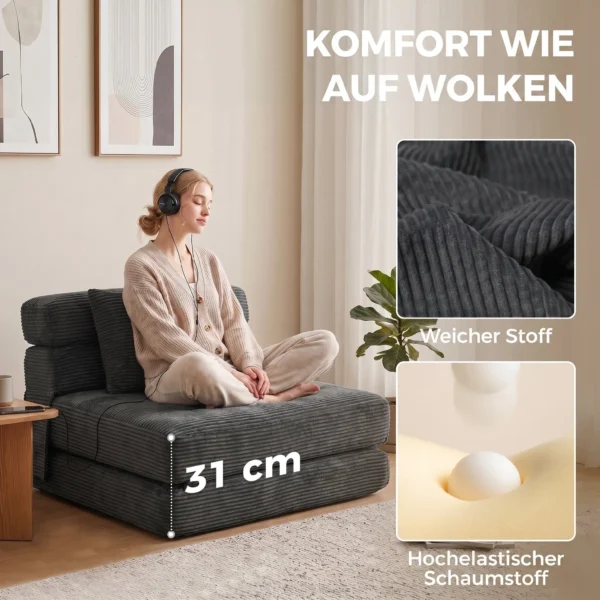 2 in 1 Botloze Wolk Vloerstoel, Opvouwbare Slaapfauteuil Met Koord Optiek & Lendenkussen, Donkergrijs