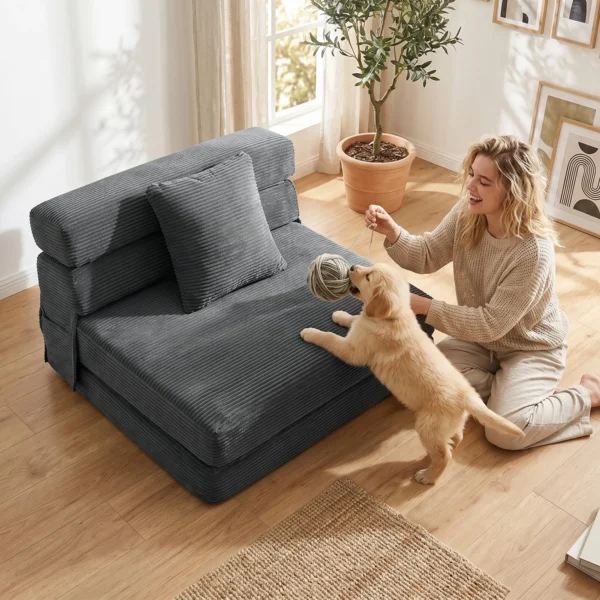 2 in 1 Botloze Wolk Vloerstoel, Opvouwbare Slaapfauteuil Met Koord Optiek & Lendenkussen, Donkergrijs