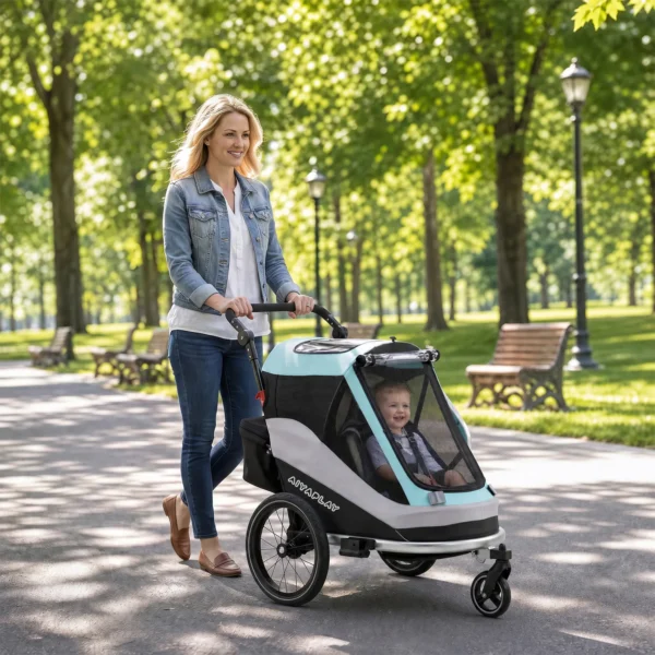 2 In 1 Fietsaanhanger & Buggy Opvouwbare Kinderfietsaanhanger Met 5 Punts Gordel Reflectoren 16 Inch Luchtbanden Rem