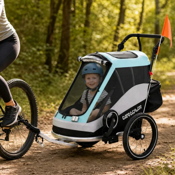 2 In 1 Fietsaanhanger & Buggy Opvouwbare Kinderfietsaanhanger Met 5 Punts Gordel Reflectoren 16 Inch Luchtbanden Rem