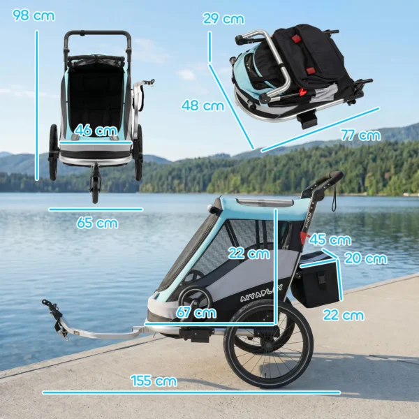 2 In 1 Fietsaanhanger & Buggy Opvouwbare Kinderfietsaanhanger Met 5 Punts Gordel Reflectoren 16 Inch Luchtbanden Rem