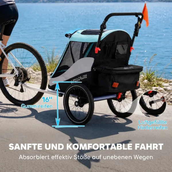 2 In 1 Fietsaanhanger & Buggy Opvouwbare Kinderfietsaanhanger Met 5 Punts Gordel Reflectoren 16 Inch Luchtbanden Rem