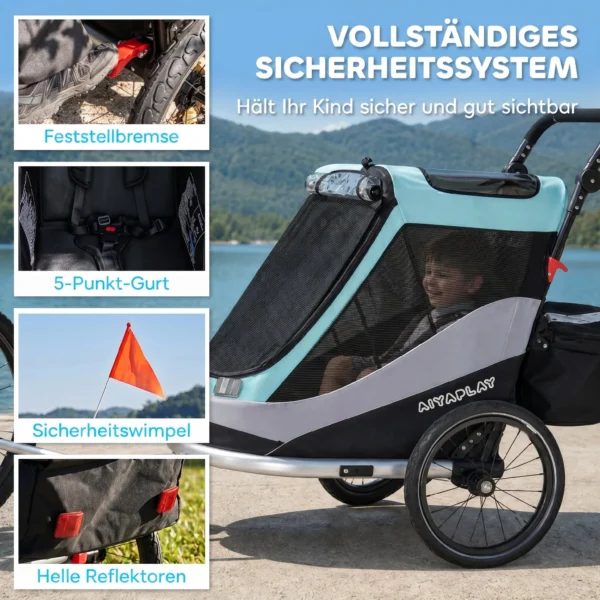 2 In 1 Fietsaanhanger & Buggy Opvouwbare Kinderfietsaanhanger Met 5 Punts Gordel Reflectoren 16 Inch Luchtbanden Rem