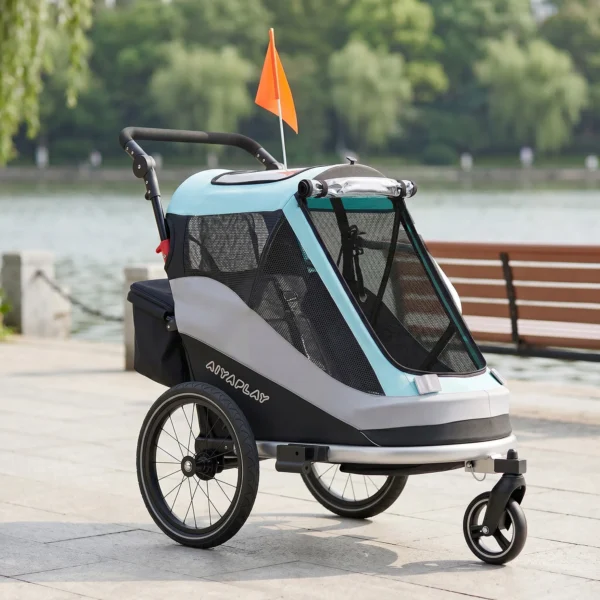 2 In 1 Fietsaanhanger & Buggy Opvouwbare Kinderfietsaanhanger Met 5 Punts Gordel Reflectoren 16 Inch Luchtbanden Rem