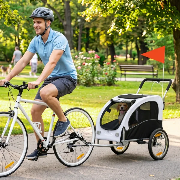 2 in 1 Hondenkar Voor Fiets Opvouwbare Hondenbuggy Voor Kleine & Middelgrote Honden Tot 20 Kg, Wit