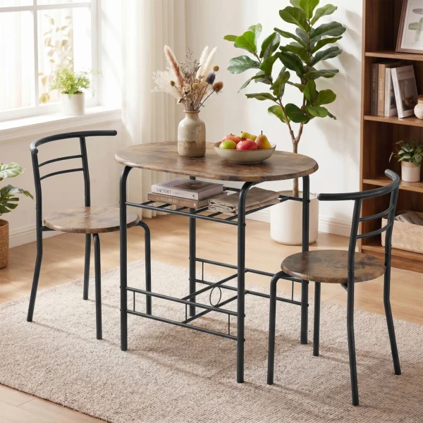 3 delige Eetgroep, Keukentafel En Stoelen Voor 2 Personen Met Rek, Woonkamer, Rustiek bruin Houtlook