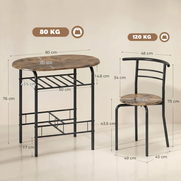 3 delige Eetgroep, Keukentafel En Stoelen Voor 2 Personen Met Rek, Woonkamer, Rustiek bruin Houtlook