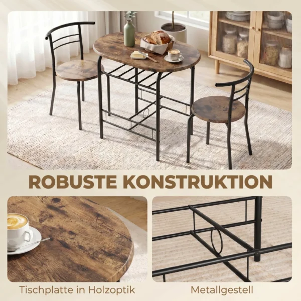 3 delige Eetgroep, Keukentafel En Stoelen Voor 2 Personen Met Rek, Woonkamer, Rustiek bruin Houtlook