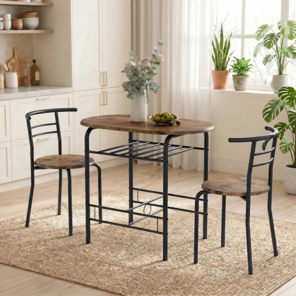 3 delige Eetgroep, Keukentafel En Stoelen Voor 2 Personen Met Rek, Woonkamer, Rustiek bruin Houtlook