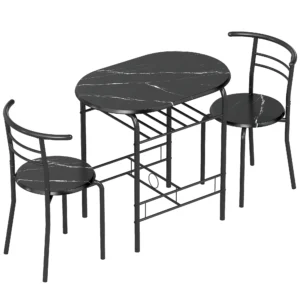 3 delige Eetgroep, Keukentafel En Stoelen Voor 2 Personen Met Rek, Woonkamer, Zwarte Marmer Look