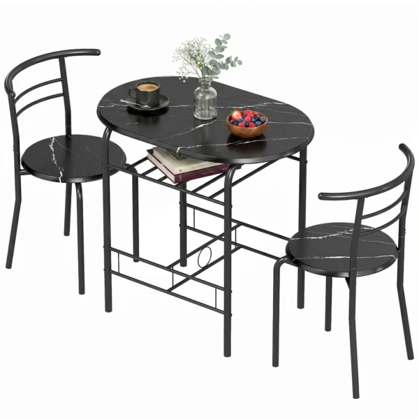 3 delige Eetgroep, Keukentafel En Stoelen Voor 2 Personen Met Rek, Woonkamer, Zwarte Marmer Look