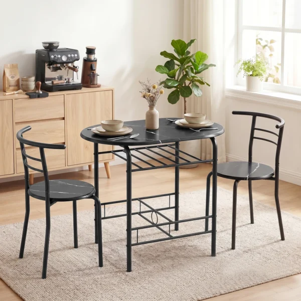 3 delige Eetgroep, Keukentafel En Stoelen Voor 2 Personen Met Rek, Woonkamer, Zwarte Marmer Look