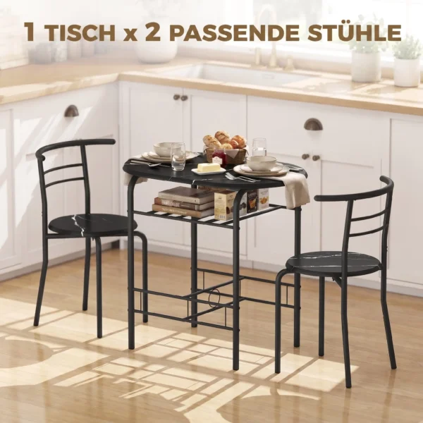 3 delige Eetgroep, Keukentafel En Stoelen Voor 2 Personen Met Rek, Woonkamer, Zwarte Marmer Look